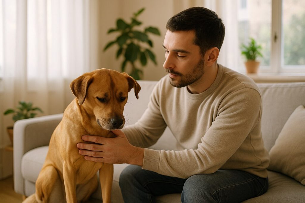 Chien anxieux calmé par son maître dans un intérieur lumineux et serein