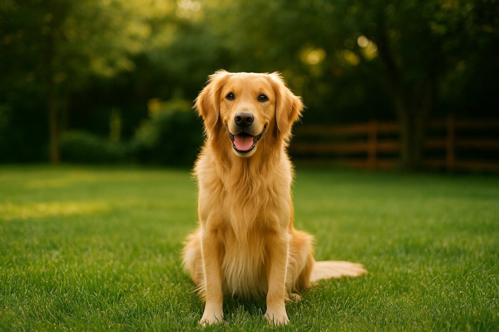 Chien golden retriever assis sur une pelouse verte au coucher du soleil, symbole de bien-être et de sérénité