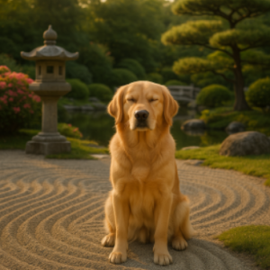 Chien zen et serein dans un jardin japonais sur le sable