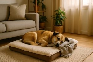 Chien apaisé reposant sur un tapis confortable dans un salon lumineux