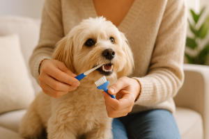 Personne brossant les dents d’un petit chien beige avec une brosse à dents adaptée