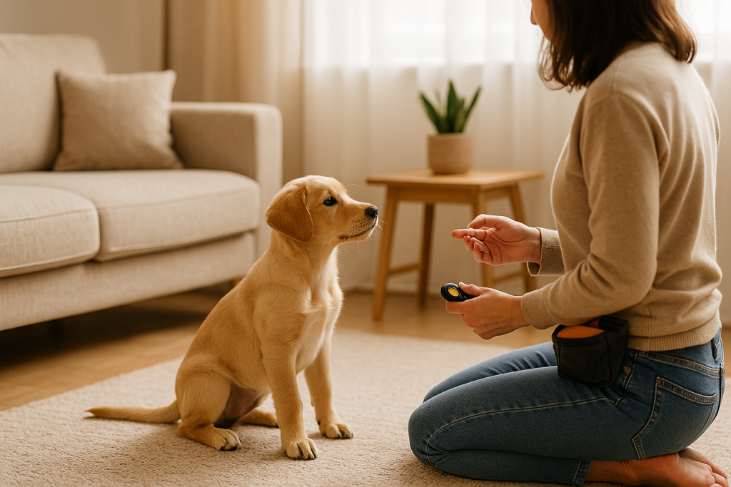 Femme apprenant à son chiot à s’asseoir avec un geste de la main