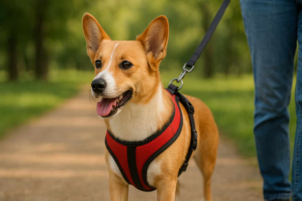 Chien portant un harnais confortable lors d’une promenade en extérieur