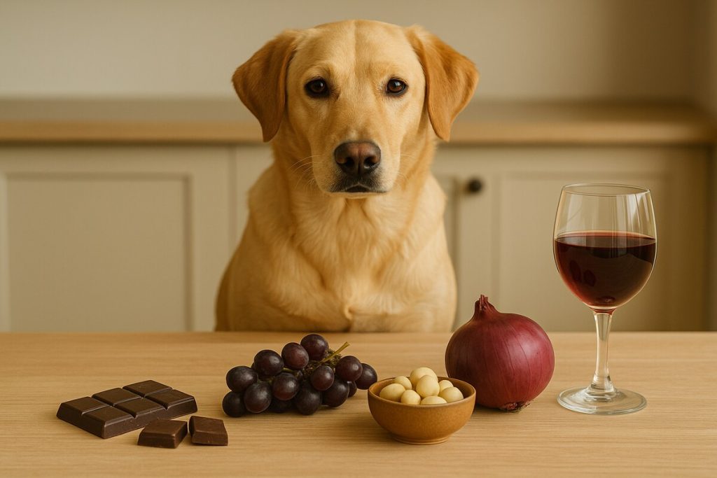 Chien assis devant une table avec chocolat, raisins, noix de macadamia, oignon et verre de vin, aliments interdits aux chiens