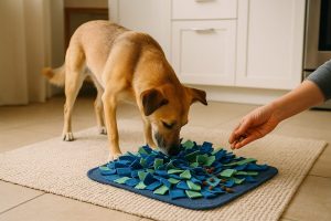 Chien reniflant un tapis de fouille, concentré, environnement lumineux