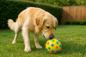 Chien qui attrape une balle interactive colorée dans l’herbe