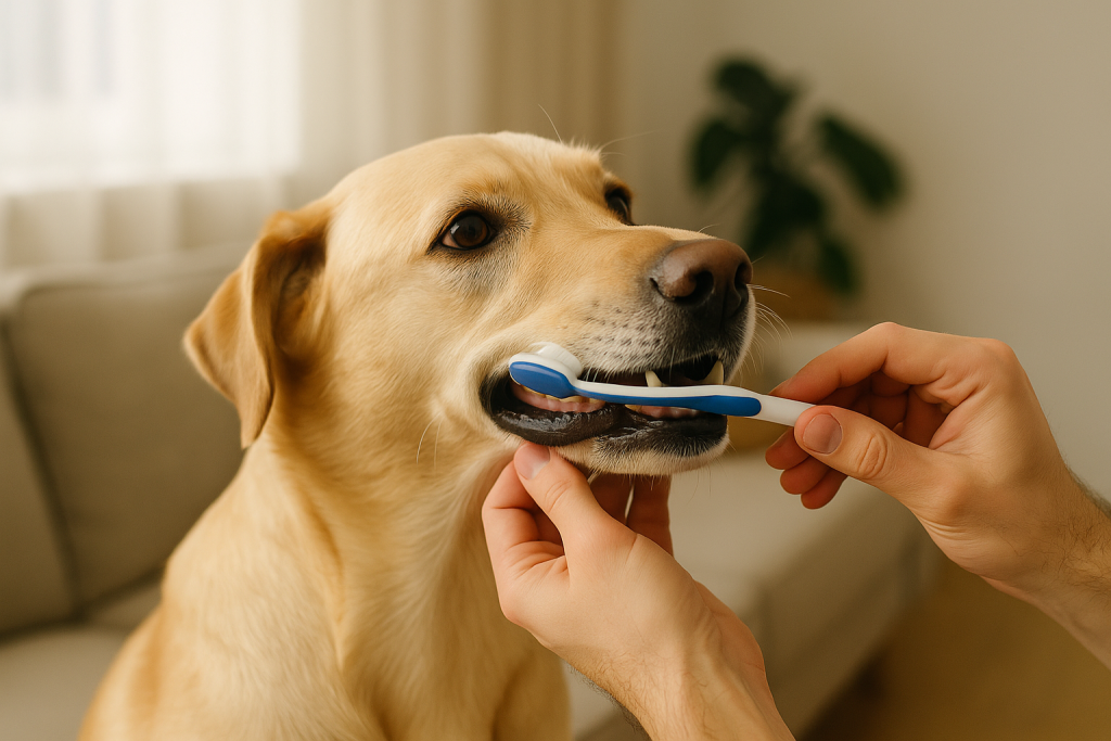 Personne nettoyant les dents d’un grand chien avec une brosse à dents bleue