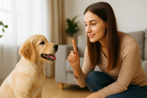Jeune femme enseignant la position assise à un chiot Golden Retriever