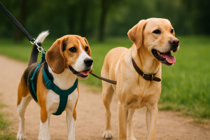 Comparaison entre un chien avec harnais et un chien avec collier en promenade