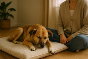 Chien allongé sur un tapis, yeux mi-clos, maître à proximité, ambiance sereine