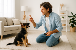 Homme apprenant à un chiot Berger Allemand à s’asseoir dans le salon