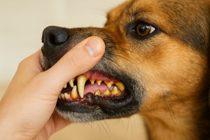 Gros plan sur les dents d’un chien montrant du tartre et des gencives rouges