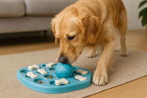 Chien concentré qui utilise un puzzle alimentaire distributeur de croquettes