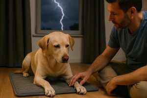 Chien calme à la maison pendant un bruit d’orage lointain, maître rassurant
