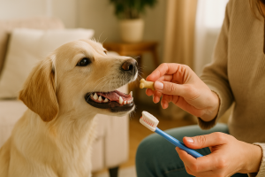 Chien recevant une friandise après un brossage de dents