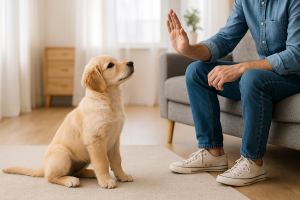 Chiot Golden Retriever écoutant un ordre d’obéissance main levée