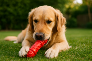Chien mâchant un jouet solide en caoutchouc pour se détendre