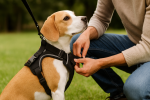 Propriétaire ajustant correctement le harnais sur son chien