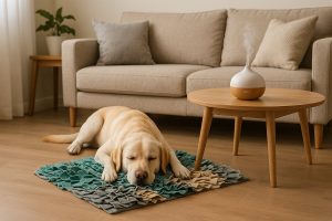 Diffuseur de phéromones près du panier d’un chien apaisé