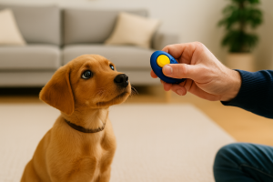 Dressage de chiot avec récompense et clicker de dressage