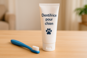 Tube de dentifrice pour chien posé sur une table avec une brosse à dents