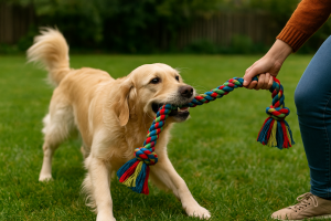 Chien qui joue avec son maître à tirer une corde en extérieur