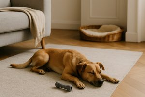 Chien calme seul dans le salon, jouet d’occupation à proximité