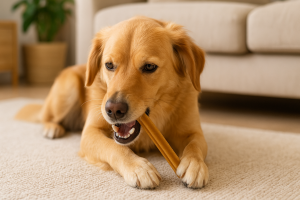 Chien mâchant un bâtonnet dentaire pour nettoyer ses dents