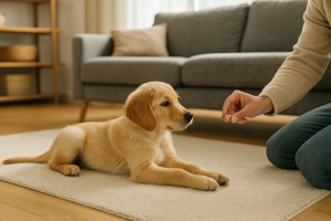 Chiot Golden Retriever apprenant l’ordre couché avec friandise