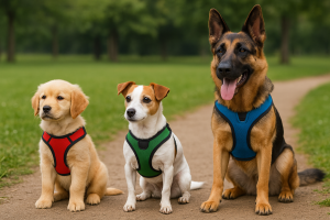 Trois chiens de tailles différentes portant chacun un harnais adapté
