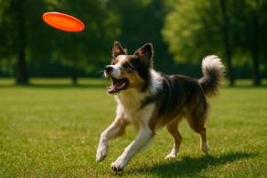 Chien qui court pour attraper un frisbee lancé dans un parc
