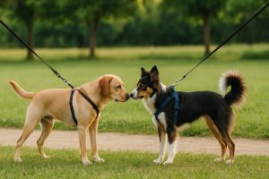 Deux chiens se saluent calmement en extérieur, tenus en longe, ambiance détendue