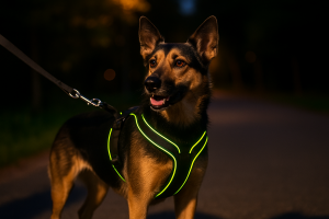 Chien avec harnais réfléchissant visible la nuit en promenade