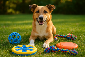 Sélection variée de jouets pour chiens actifs posés sur une table