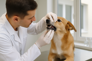 Vétérinaire examinant la bouche d’un chien avec des gants