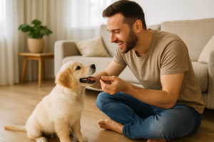 Complicité entre un chiot Golden Retriever et son maître avec friandise