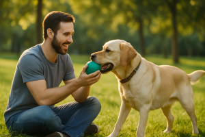 Chiot qui joue avec une petite balle souple adaptée à son âge
