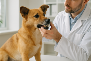 Vétérinaire vérifiant les dents d’un chien lors d’une consultation