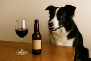 Chien assis à côté d’une table avec un verre de vin rouge et une bouteille de bière, aliments interdits aux chiens