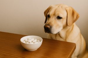 Chien labrador clair assis à côté d’une table avec un bol de chewing-gums blancs, édulcorant au xylitol interdit aux chiens